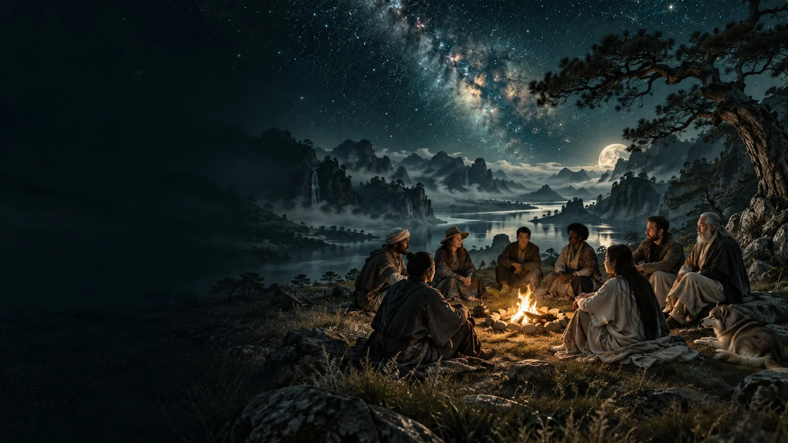 课程概念配图：星空下围火交谈的人们