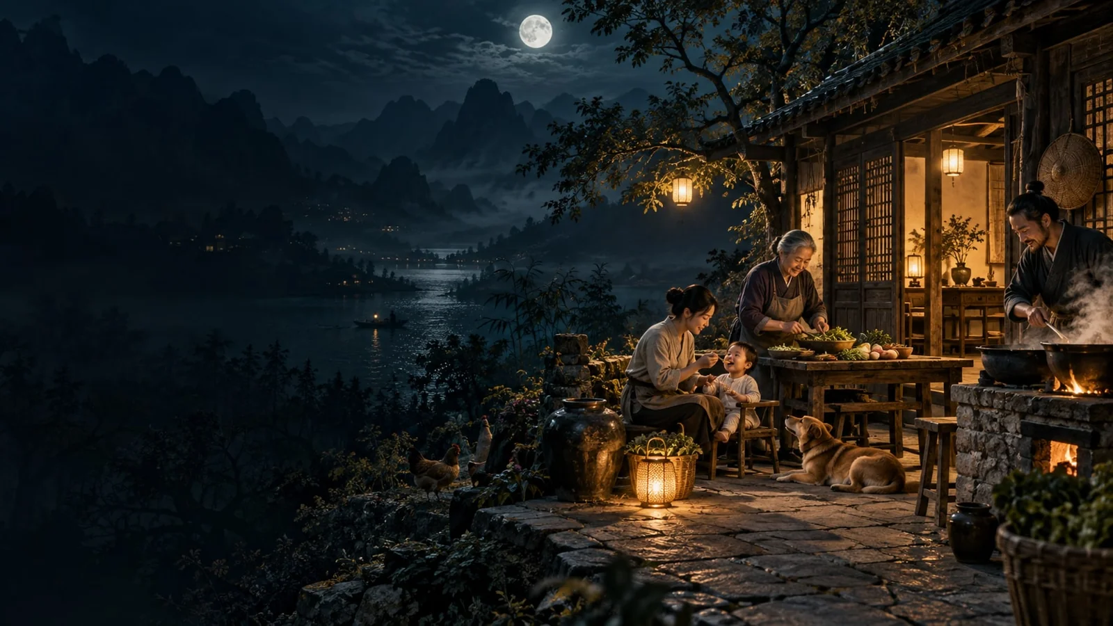 课程概念配图：夜间屋前围坐的家庭