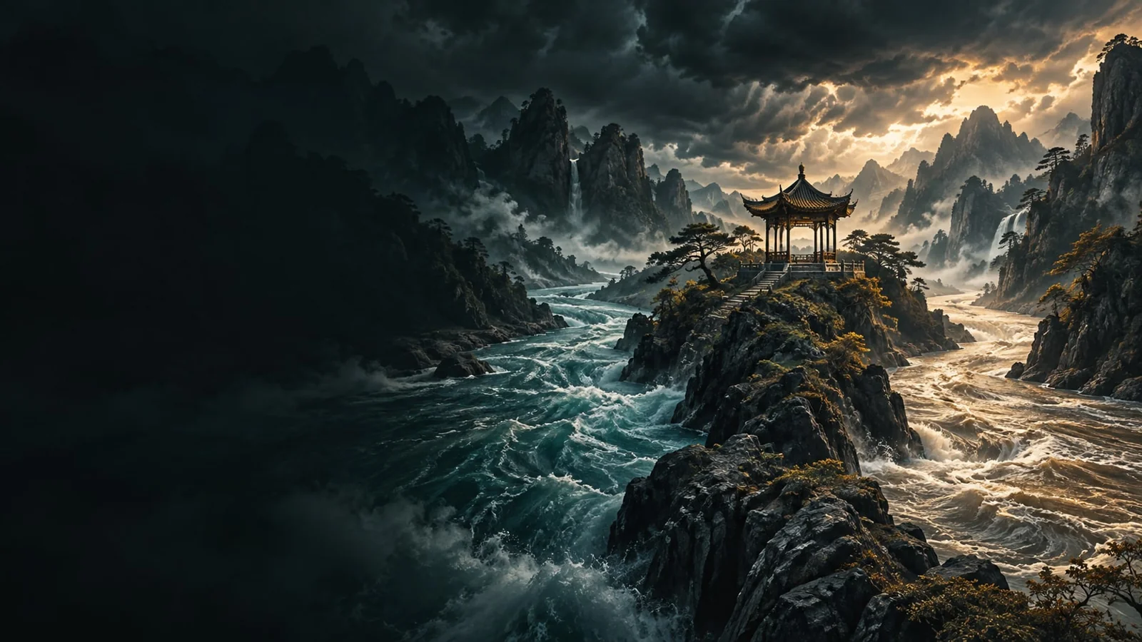 课程概念配图：激流中的岩石与亭阁