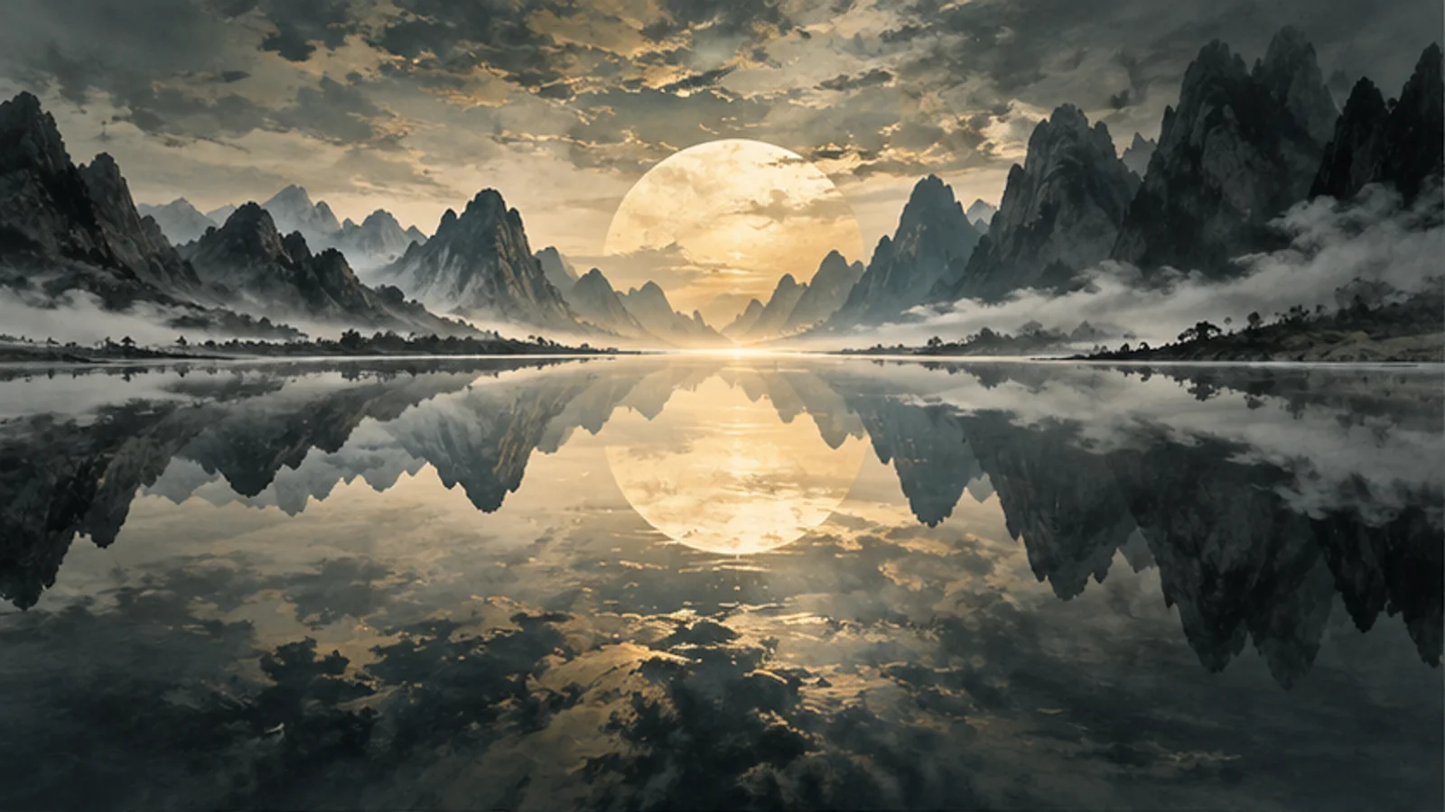 课程概念配图：湖山与圆月倒影