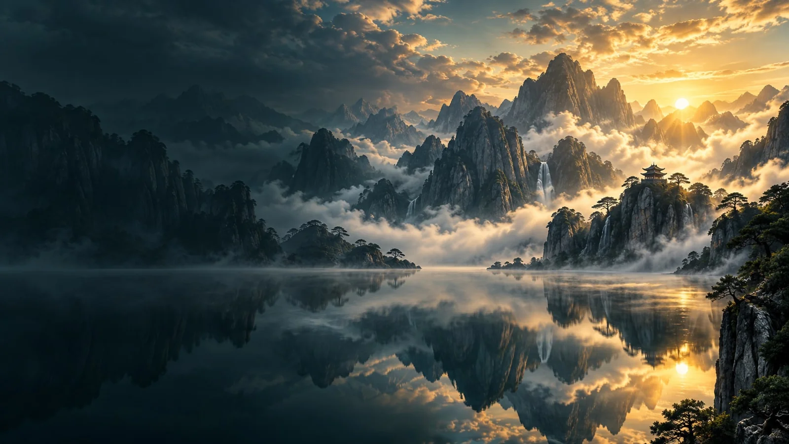 课程概念配图：晨光中的湖山倒影