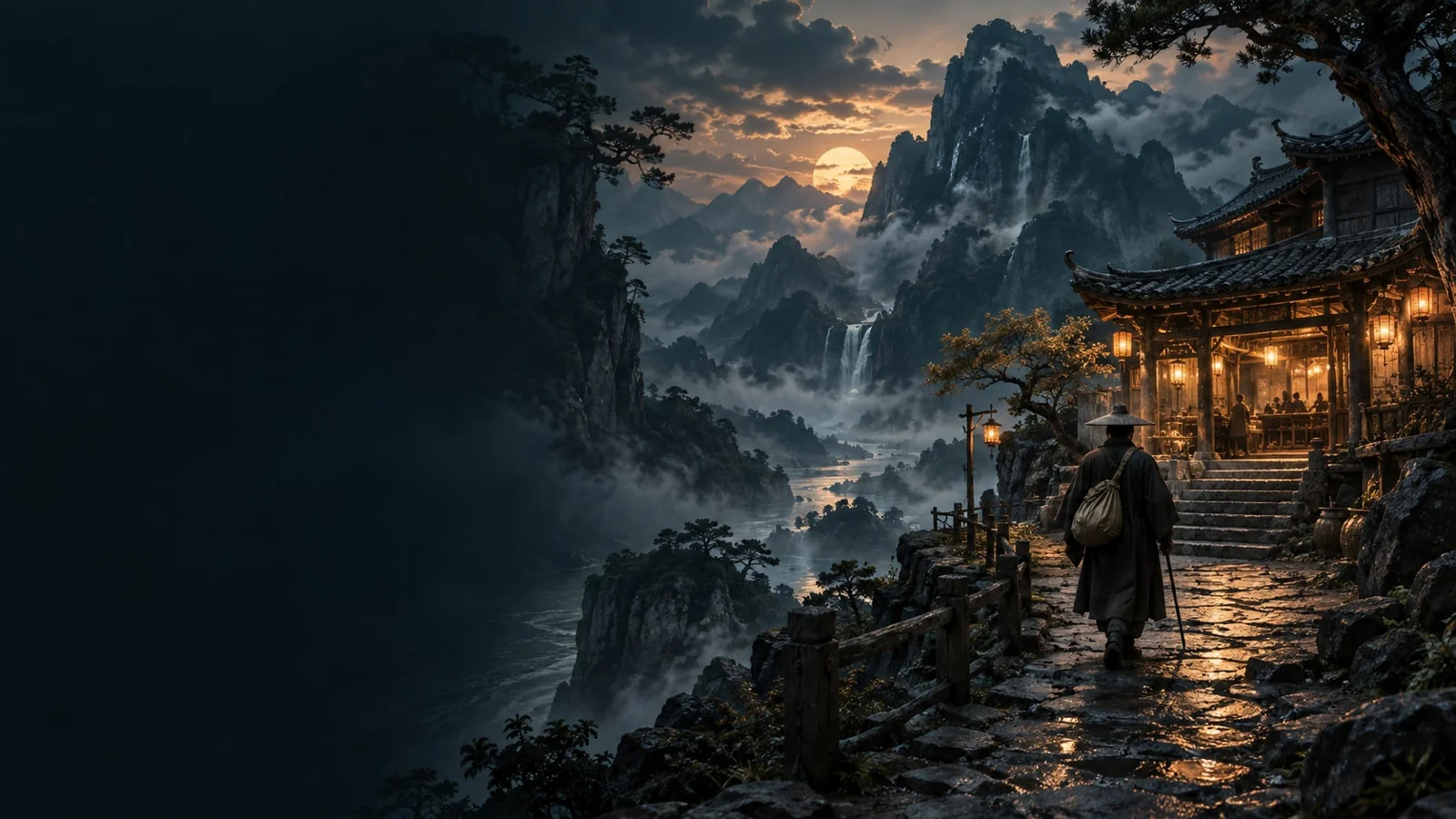 课程概念配图：旅人走近山中客舍