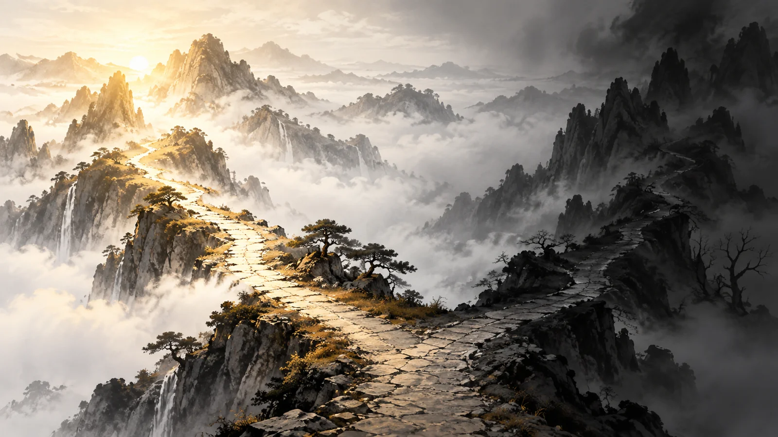 课程概念配图:通向远山的金色石径