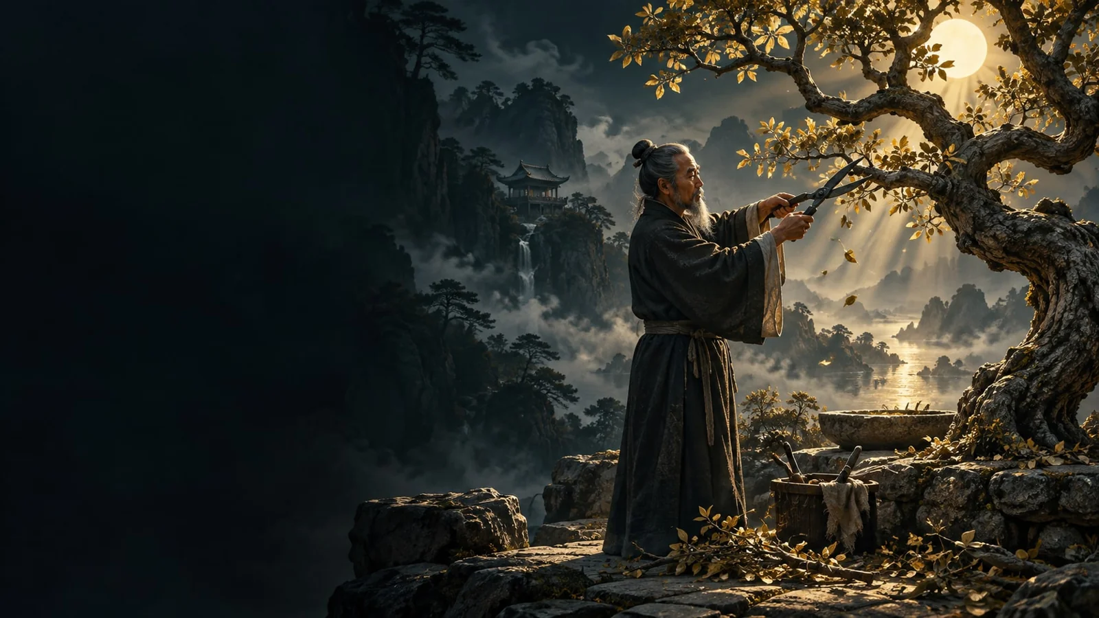课程概念配图：修剪树枝的园中人物