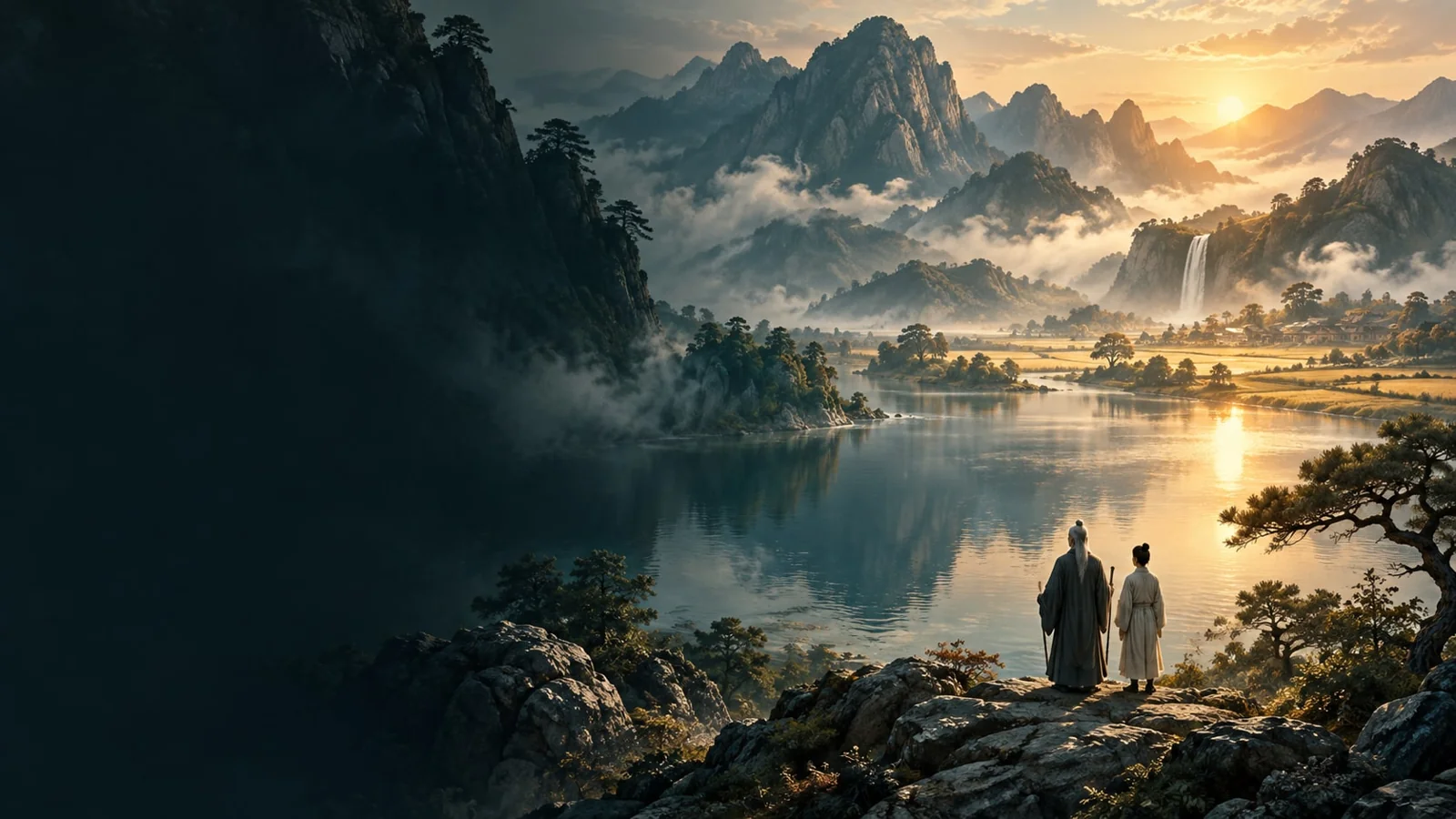 课程概念配图：湖山之间并肩远望的人物