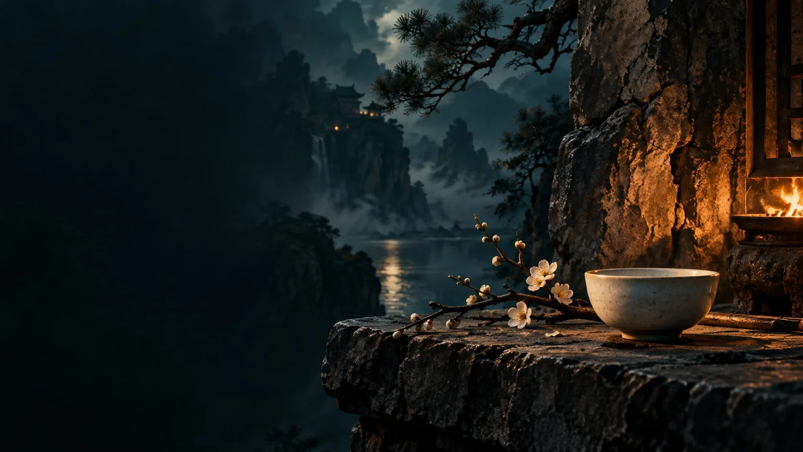 课程概念配图：夜间湖畔的碗与飘落花瓣