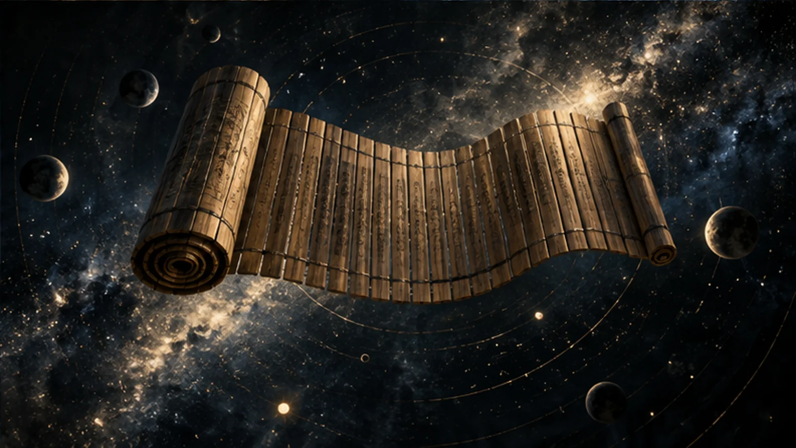 课程概念配图：星空中的展开竹简意境