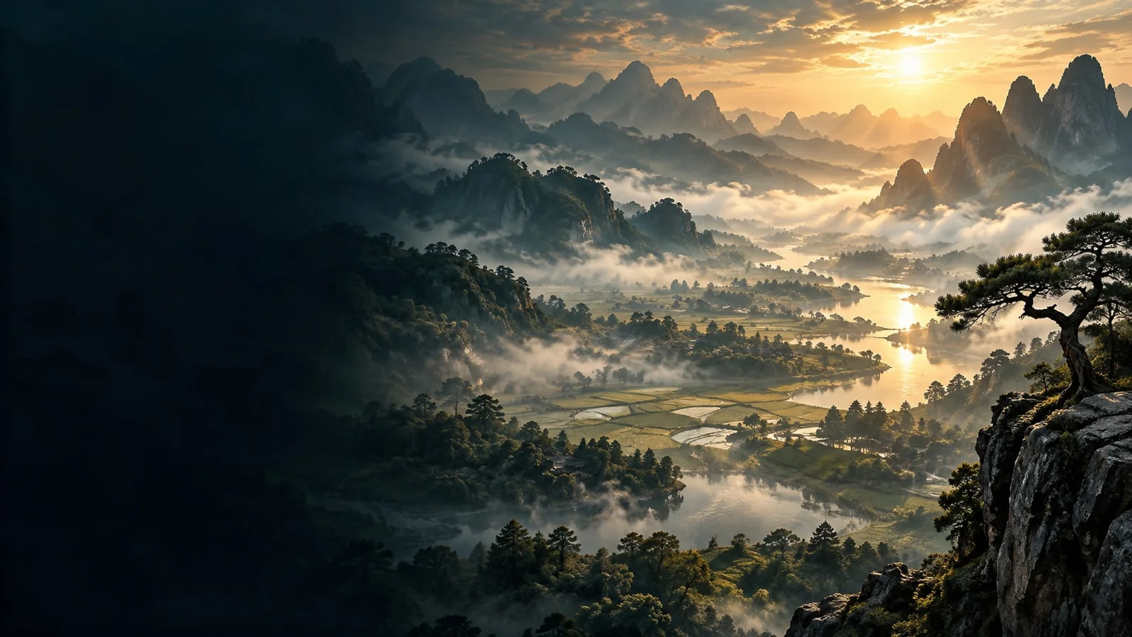 课程概念配图：晨雾中的群山河谷