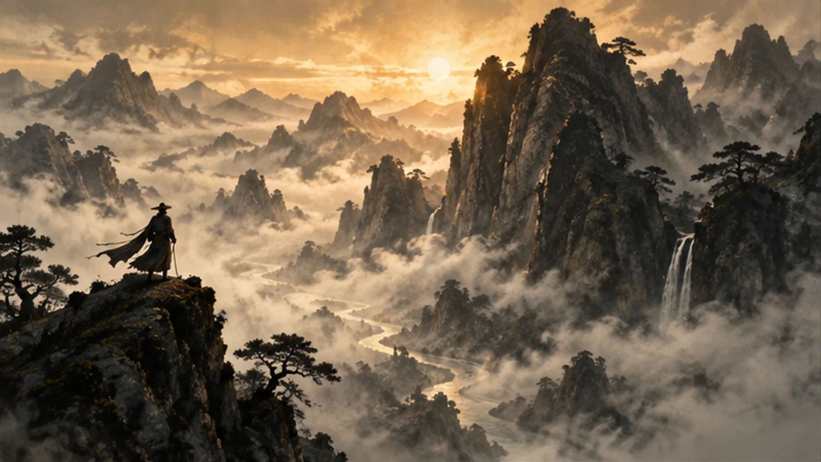 课程概念配图：山巅举剑的人物意境