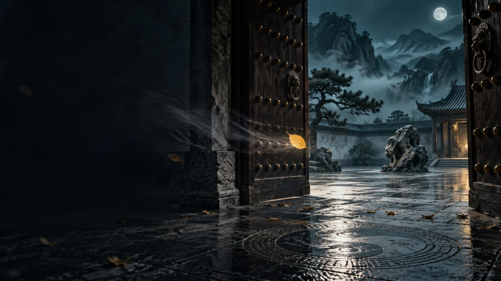 课程概念配图：月下门庭与地面涟漪
