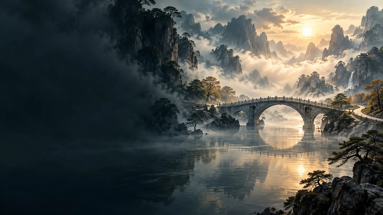 课程概念配图：湖上石桥与圆形倒影