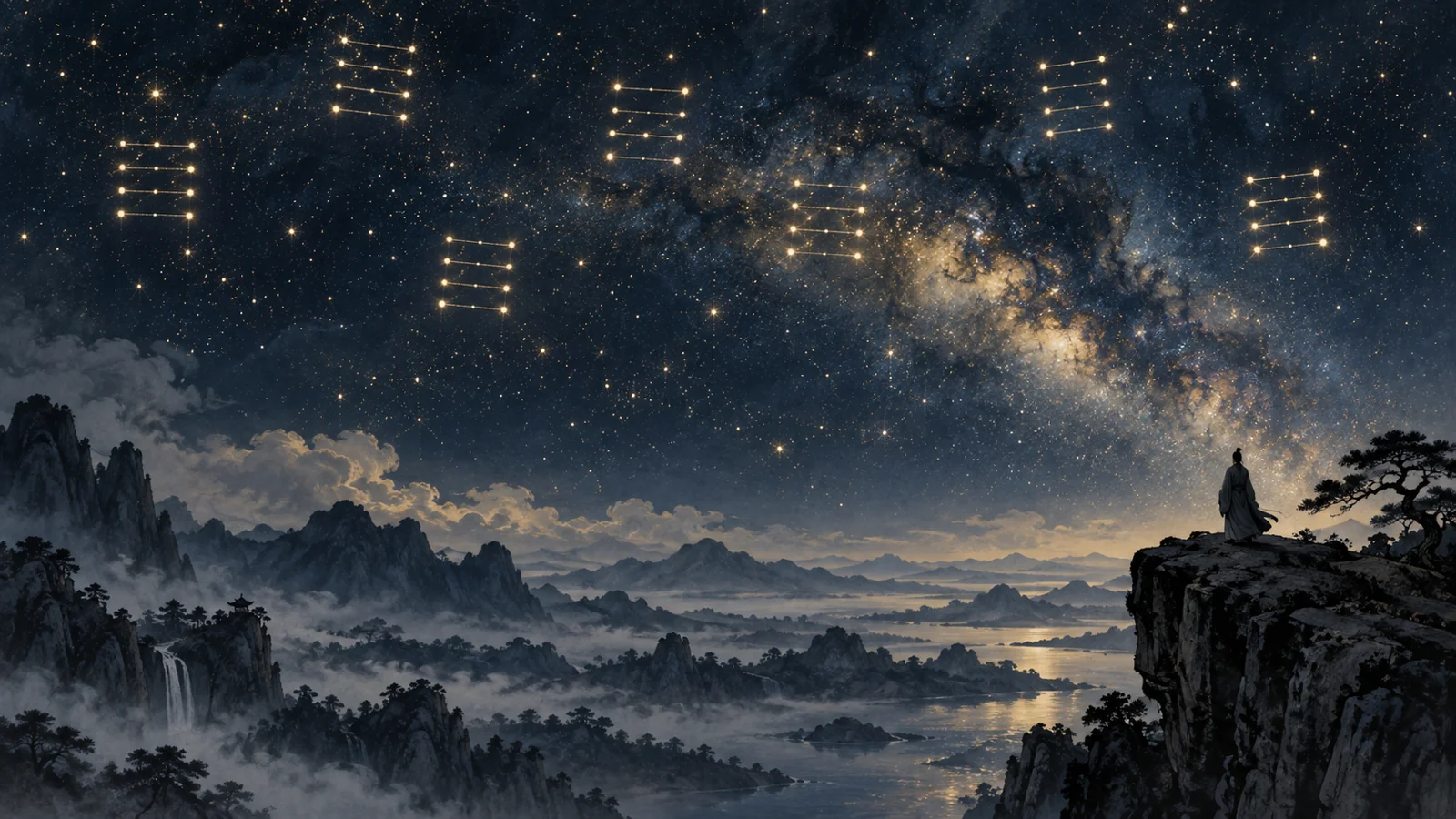 课程概念配图:星空卦象与山巅人物