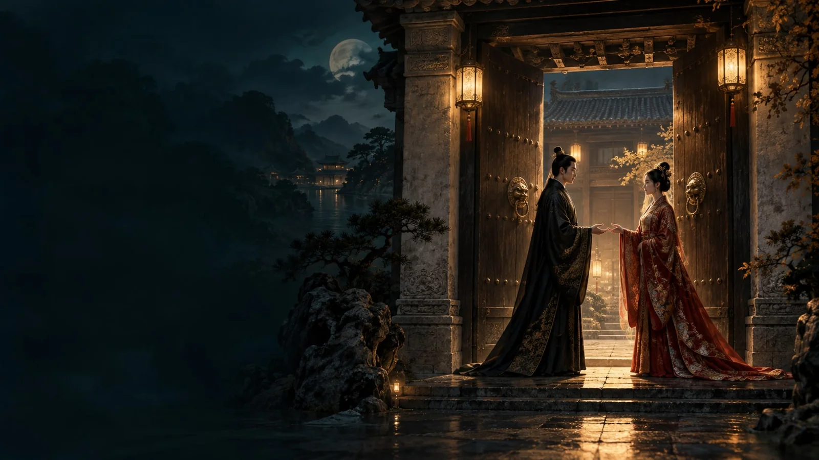 课程概念配图：庭院门前相向而立的人物
