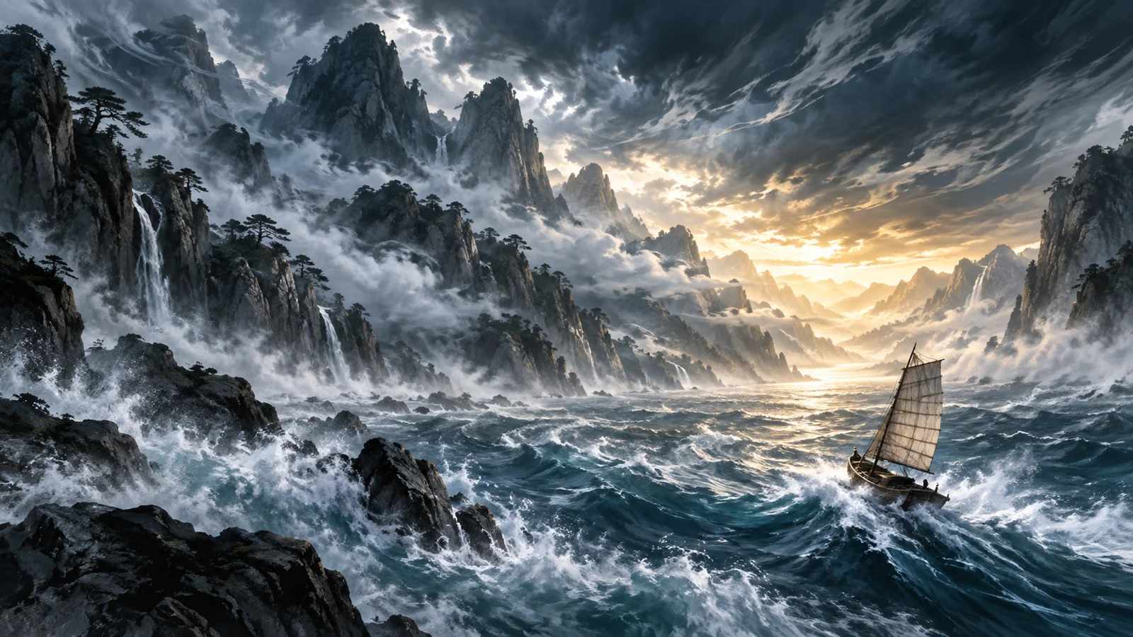 课程概念配图:险峰海浪间的一叶帆舟