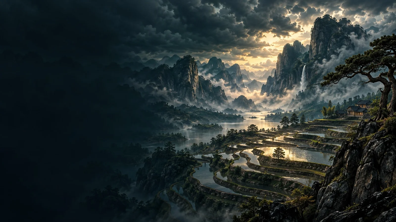 课程概念配图：层层田畴与远处山雨