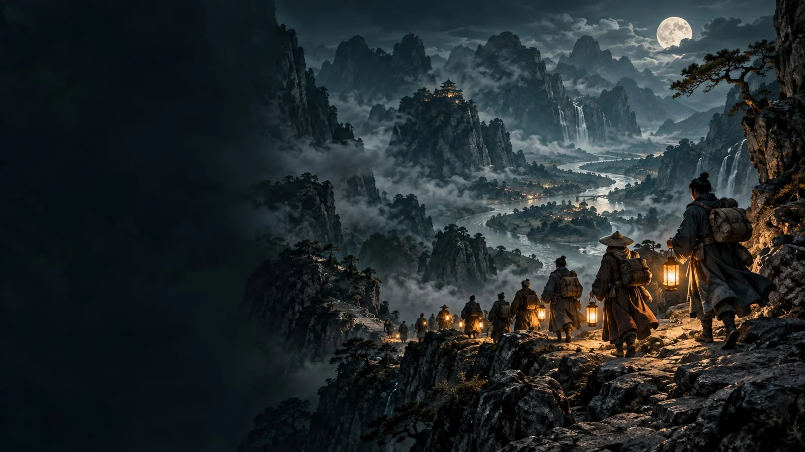 课程概念配图：夜间山路上的携灯行列