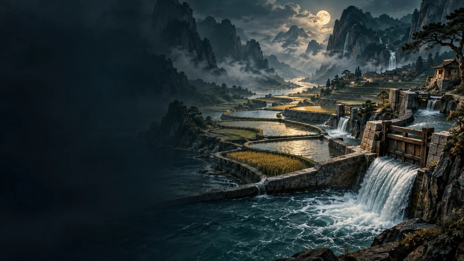 课程概念配图：层层梯田与水道瀑流