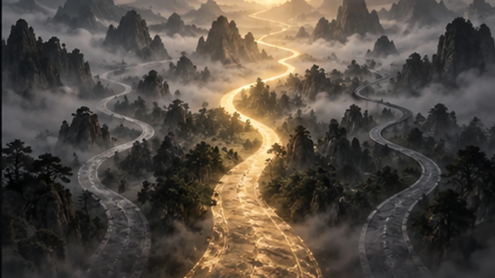 课程概念配图:曲折山路与金色河流