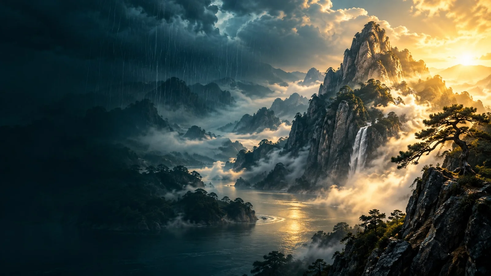 课程概念配图：雨幕散开后的山间晨光