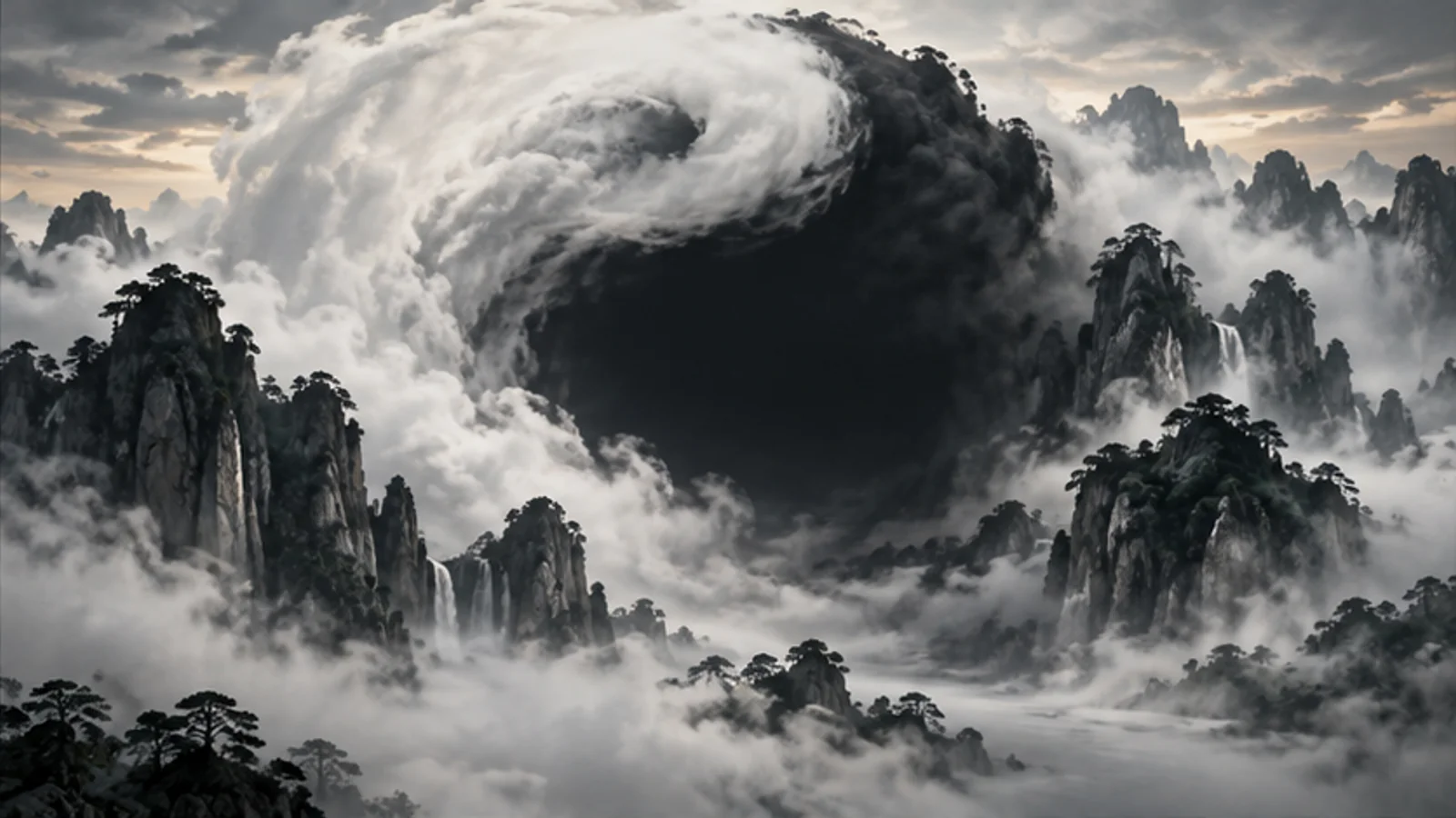 课程概念配图：云海形成黑白阴阳旋涡