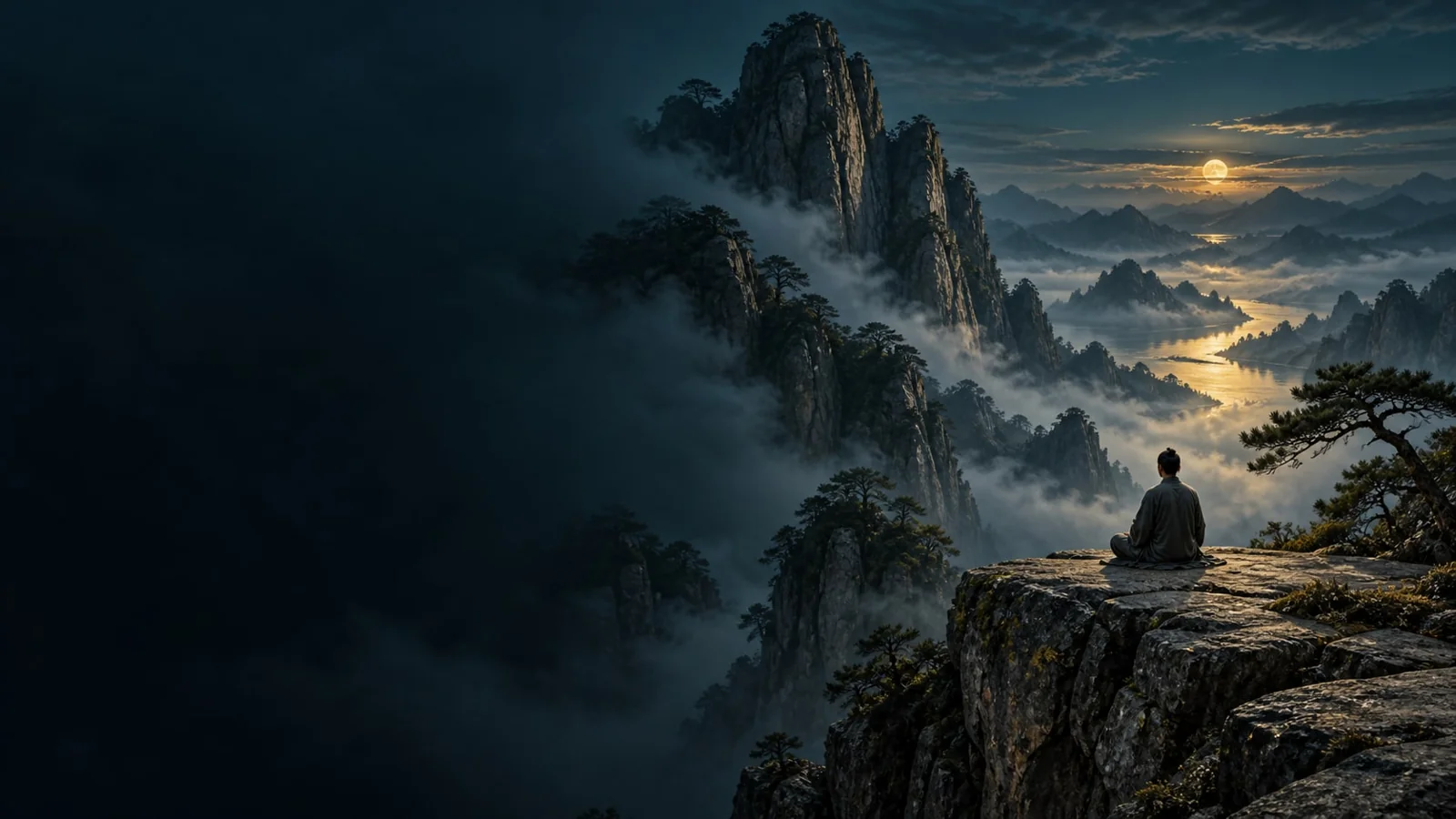 课程概念配图：月下山石上静坐的人物
