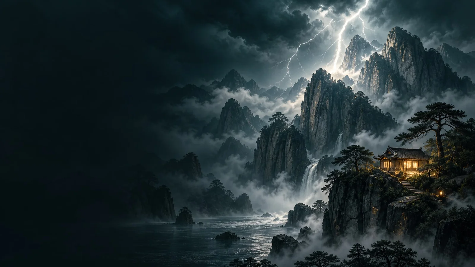 课程概念配图：雷电与云雾中的山峰