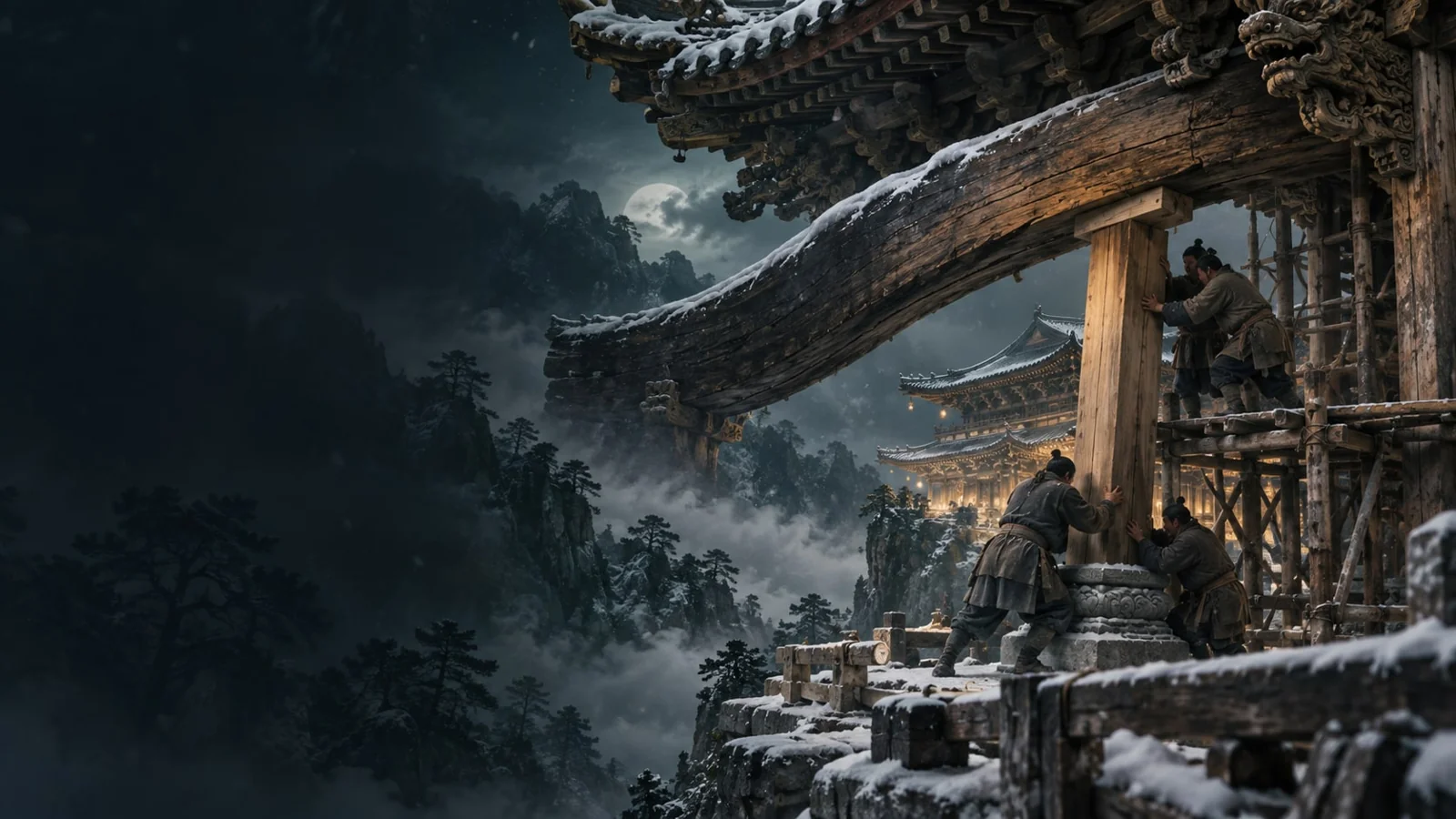 课程概念配图：雪山中木屋前的负重行者