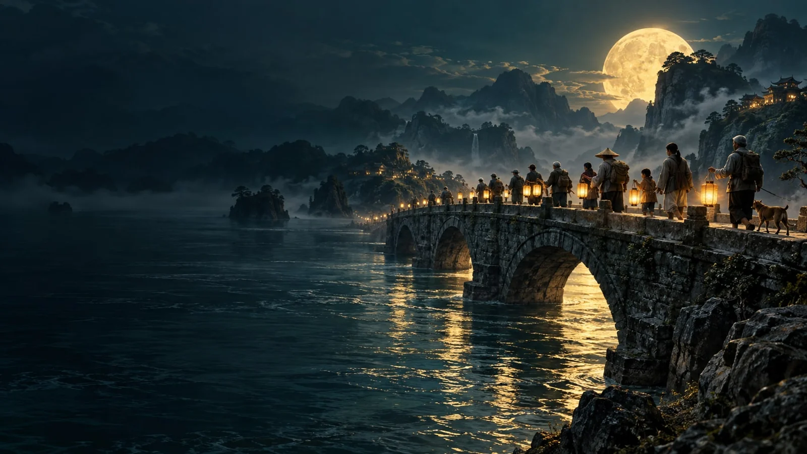 课程概念配图：月夜桥上的灯火行列