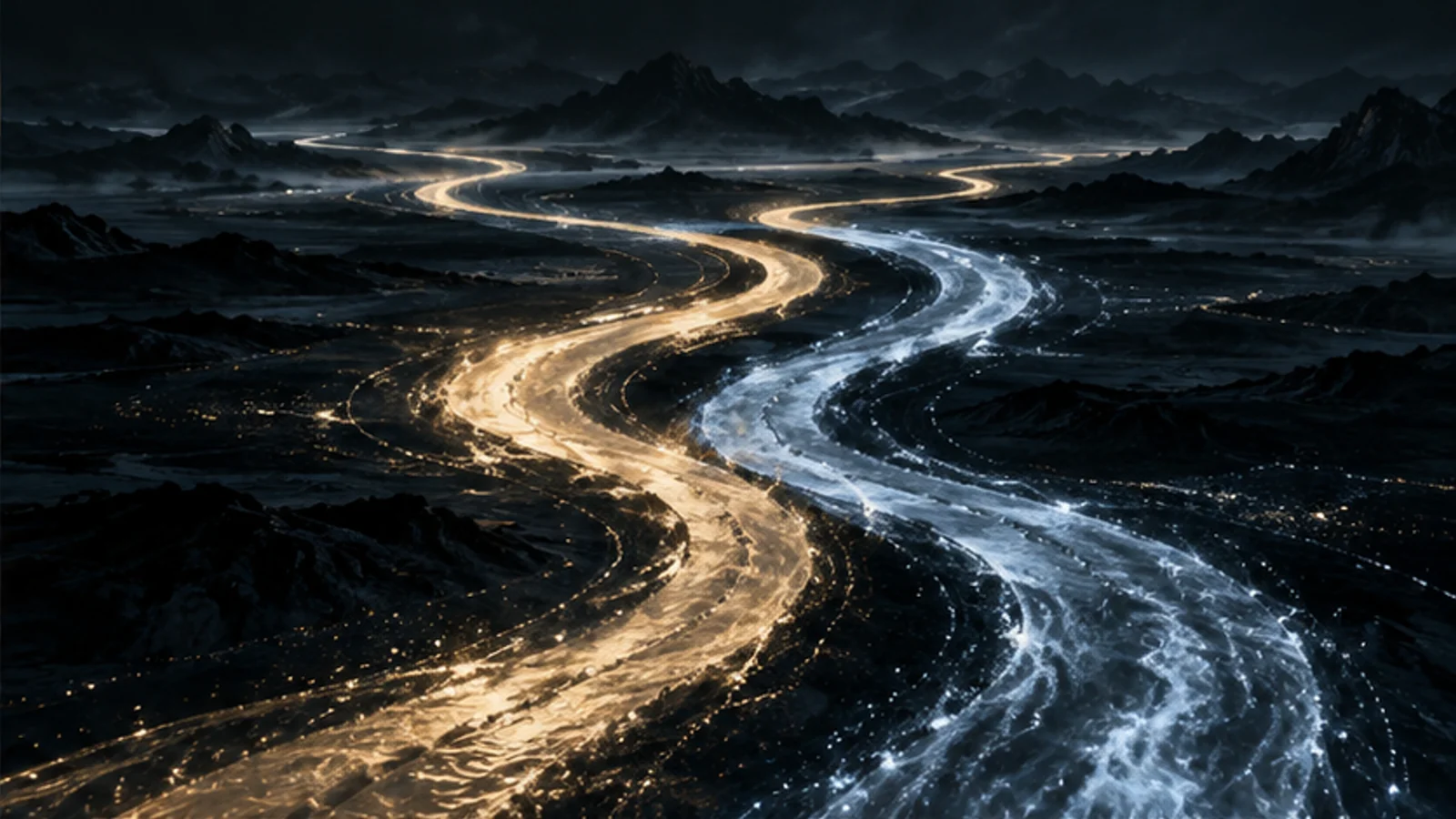 课程概念配图：暗夜山谷中的两条光河