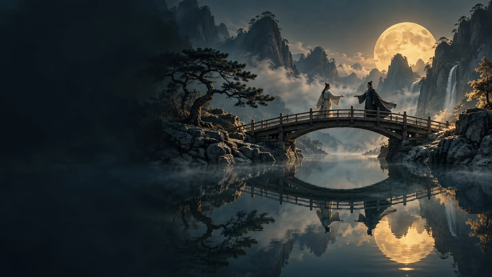 课程概念配图：月下石桥上的相遇人物